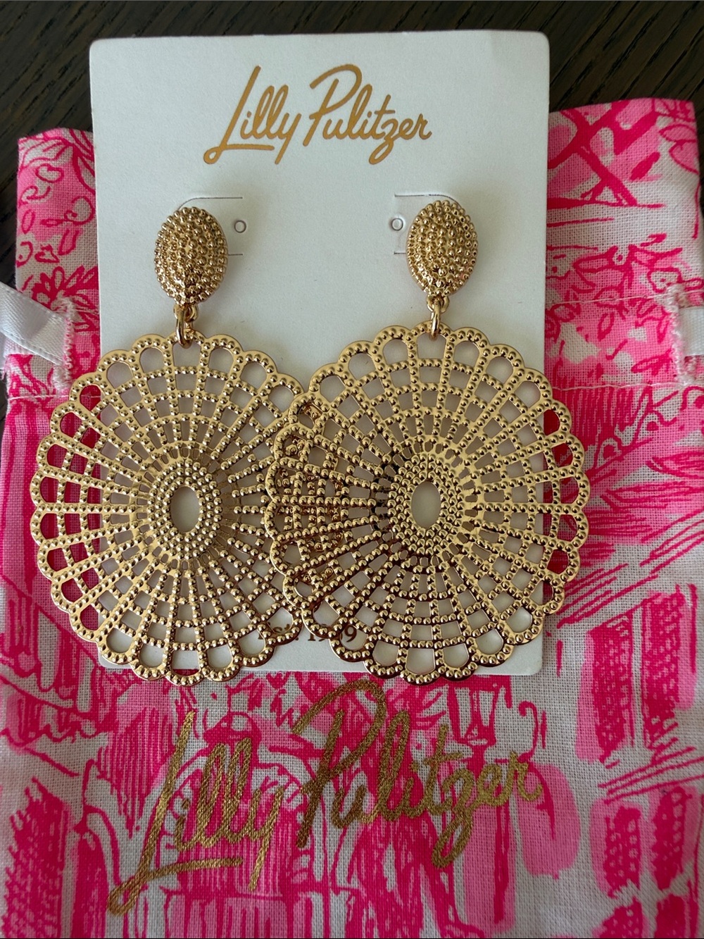 Lilly Pulitzer Gold Filigree Circle Drop Earrings with Pink Pouch - Picture 3 of 3